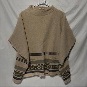 Vintage Tan Southwestern Knit Poncho Sweater Cozy Boho Pullover sz L